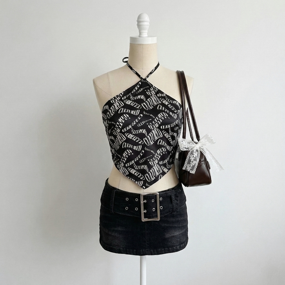 Forever 21 Black and White Satin "Cultured" Halter Bandana Tie Back Top